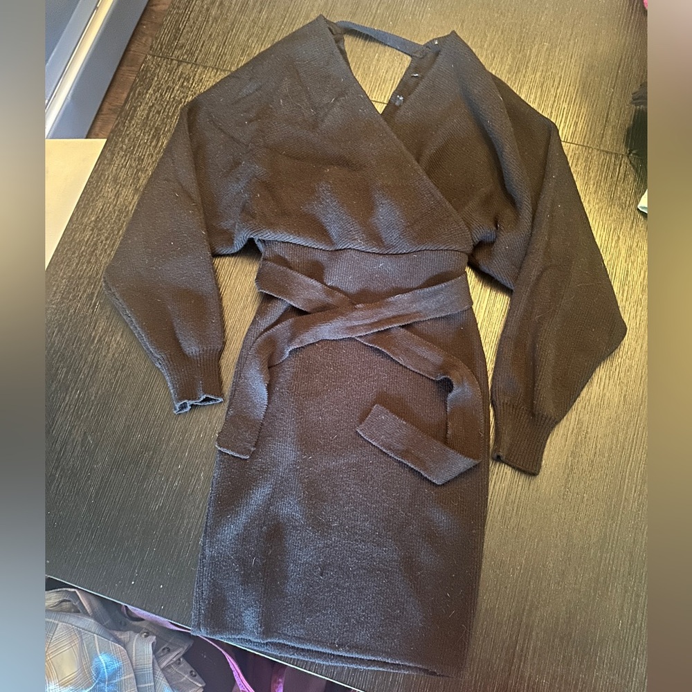 Elegant Black Wrap Mini sweater Dress
